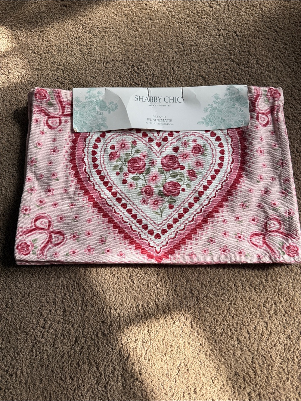 Shabby Chic Rose Heart Pink and White Placemat Set of 4 New